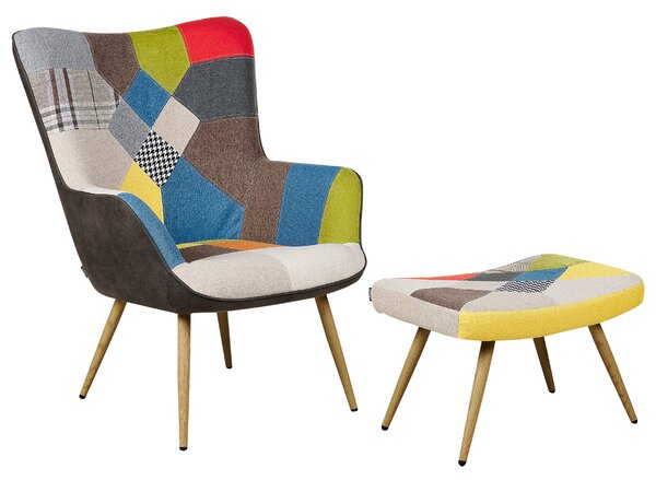Pikowany fotel z podnóżkiem kolorowy patchwork drewno kauczukowe retro Vejle Beliani