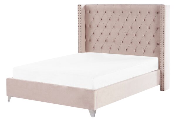 Welurowe łóżko 140 x 200 cm z listwami pikowane do sypialni różowe Lubbon Beliani