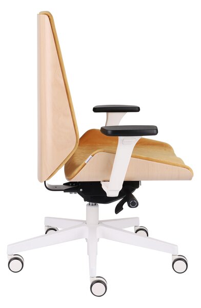 Fotel Moon Wood White - biurowy, biały, obrotowy, tapicerowany, drewniany, ergonomiczny