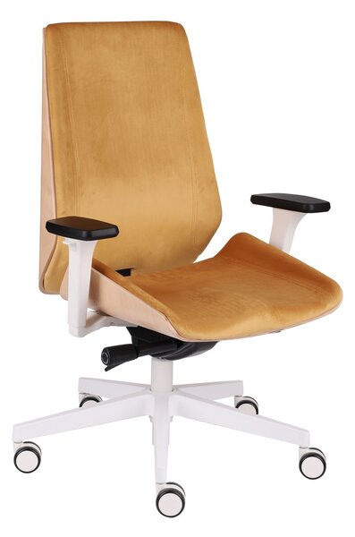 Fotel Moon Wood White - biurowy, biały, obrotowy, tapicerowany, drewniany, ergonomiczny
