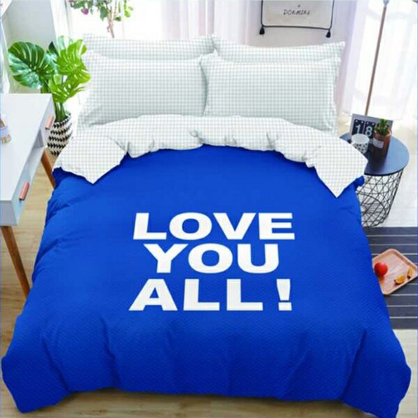 Pościel bawełniana LOVE YOU ALL niebieska + poszewka na poduszkę 40 x 50 cm gratis
