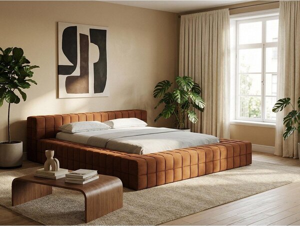 Lawendowe tapicerowane łóżko dwuosobowe ze stelażem 140x200 cm Akela – Makamii