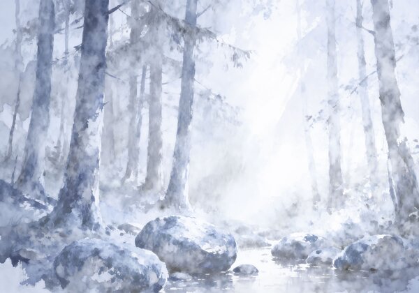 Fototapeta Akwarela przedstawiająca rzekę z drzewami i skałami, Fototapety Natura, Popularne Fototapety, t00993v1 - Tapeko.pl