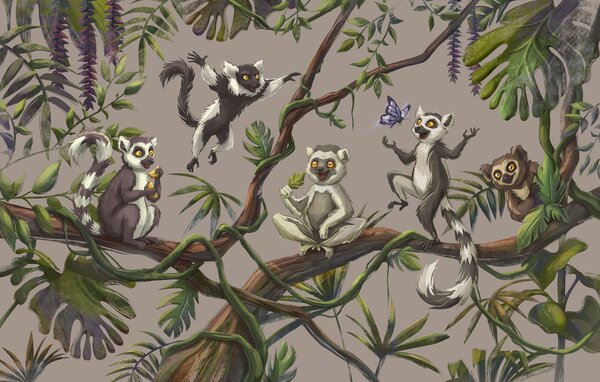Fototapeta Grupa lemurów na gałęzi drzewa, Fototapety z zwierzętami, Popularne Fototapety, t00992 - Tapeko.pl