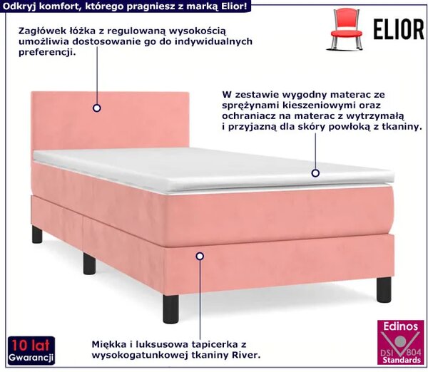 Aksamitne różowe łóżko kontynentalne z materacem 90x200 F9-B61