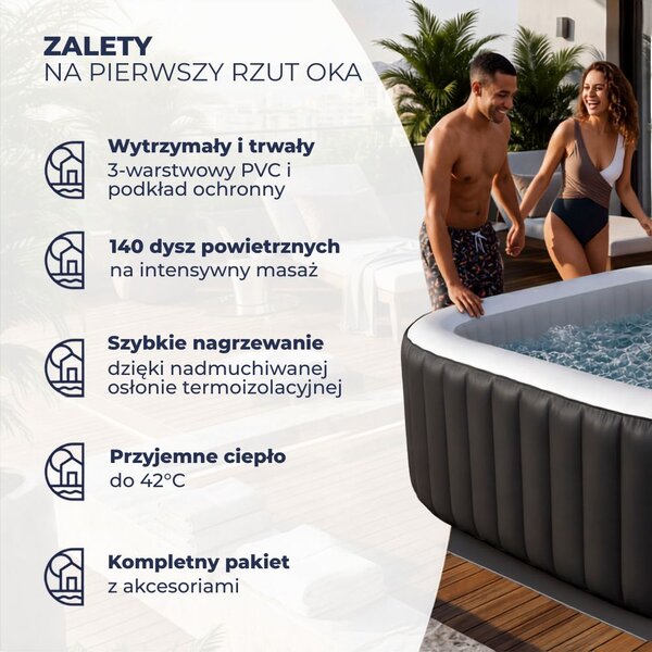 Nadmuchiwane jacuzzi OASIS dla 6 osób, kwadratowe, czarne Casaria
