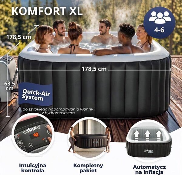 Nadmuchiwane jacuzzi OASIS dla 6 osób, kwadratowe, czarne Casaria