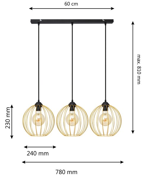 Lampa wisząca potrójna MERCURE czarno-złota W-L 1388/3 BK-B GO MAT