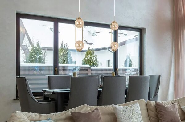 Lampa złota nad stół z 2 bursztynowymi kloszami M6-Z49