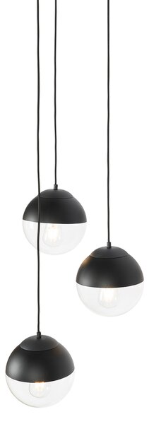 Retro lampa wisząca czarna z przezroczystym szkłem okrągła 3-światłowa - Eclipse