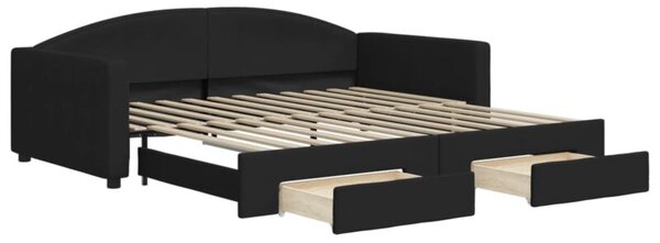 Sofa rozsuwana z szufladami, czarna, 100x200 cm, tkanina