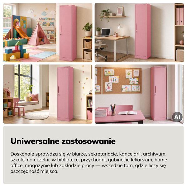 Szafa biurowa metalowa na akta, wąska, pudrowy róż, 450x1850x400 mm: ALEX Fresh Style