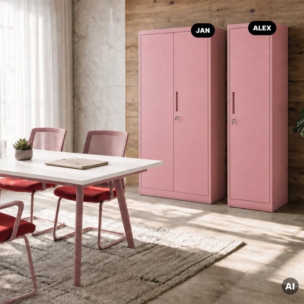 Szafa biurowa metalowa na akta, wąska, pudrowy róż, 450x1850x400 mm: ALEX Fresh Style