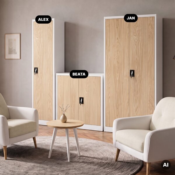 Szafa biurowa metalowa na akta biała/dąb sonoma, 450x1850x400 mm: ALEX Eco Design