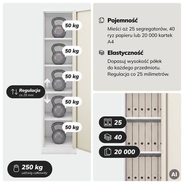 Szafa biurowa metalowa na akta biała/dąb sonoma, 450x1850x400 mm: ALEX Eco Design