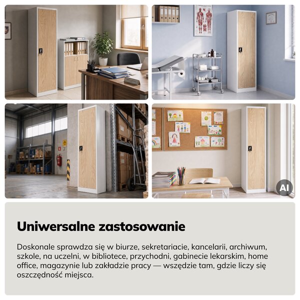 Szafa biurowa metalowa na akta biała/dąb sonoma, 450x1850x400 mm: ALEX Eco Design