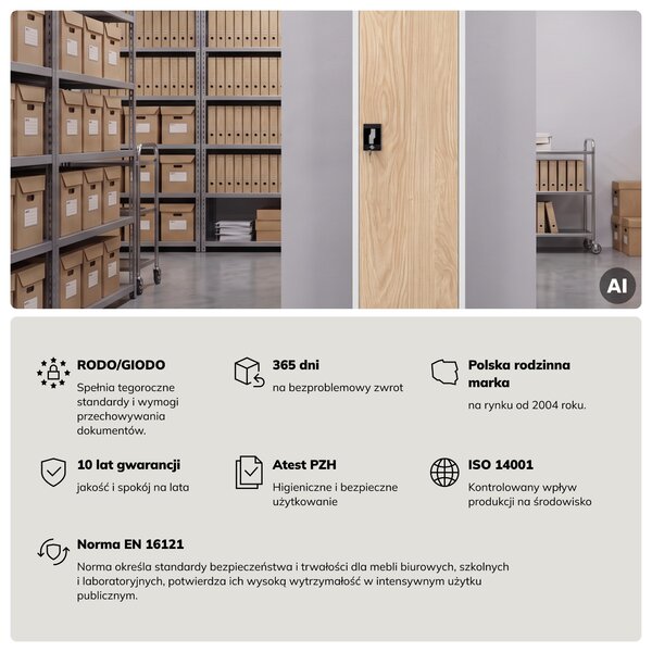 Szafa biurowa metalowa na akta biała/dąb sonoma, 450x1850x400 mm: ALEX Eco Design
