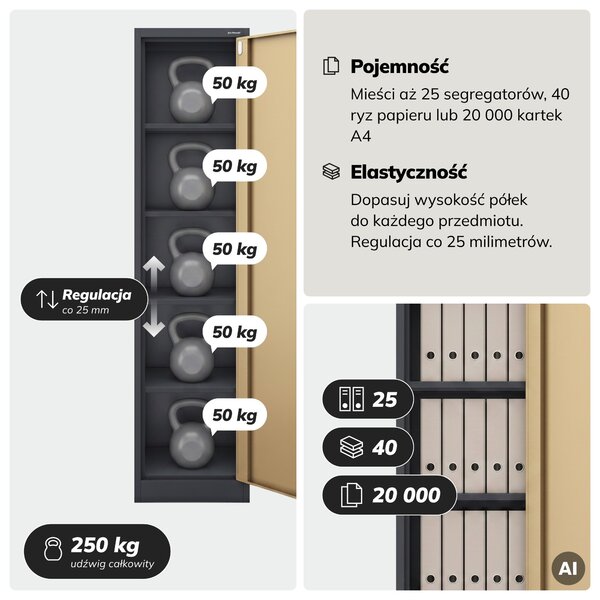 Szafa biurowa metalowa na akta antracytowa/orzech, 450x1850x400 mm: ALEX Eco Design