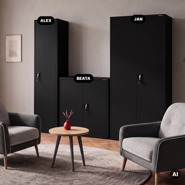 Szafa biurowa metalowa na akta, wąska, czarna, 450x1850x400 mm: ALEX
