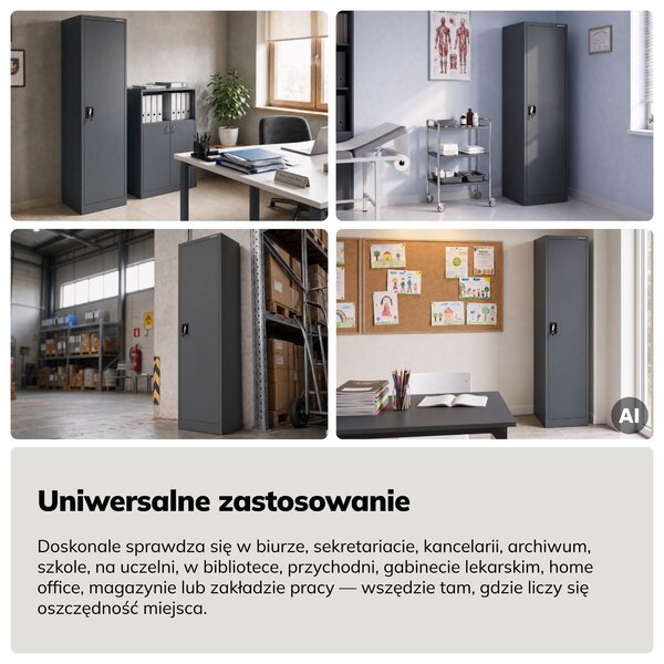 Szafa biurowa metalowa na akta, wąska, antracytowa, 450x1850x400 mm: ALEX