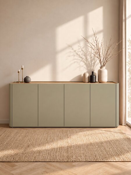 Komoda Elivo 200 cm czterodrzwiowa - eukaliptus / dąb baltic dune