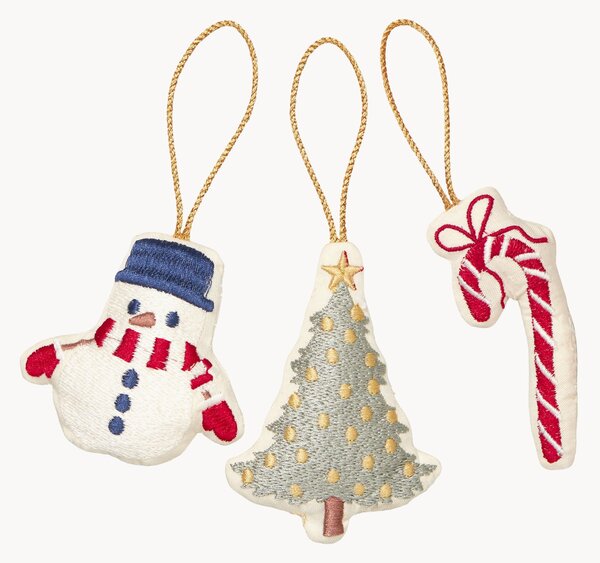 Ręcznie wykonany komplet ozdób choinkowych z bawełny Snowman, 3 elem