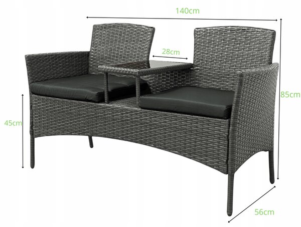 Meble ogrodowe Ratina, dwuosobowa sofa ze stolikiem, kolor jasny brąz, poduszki szare