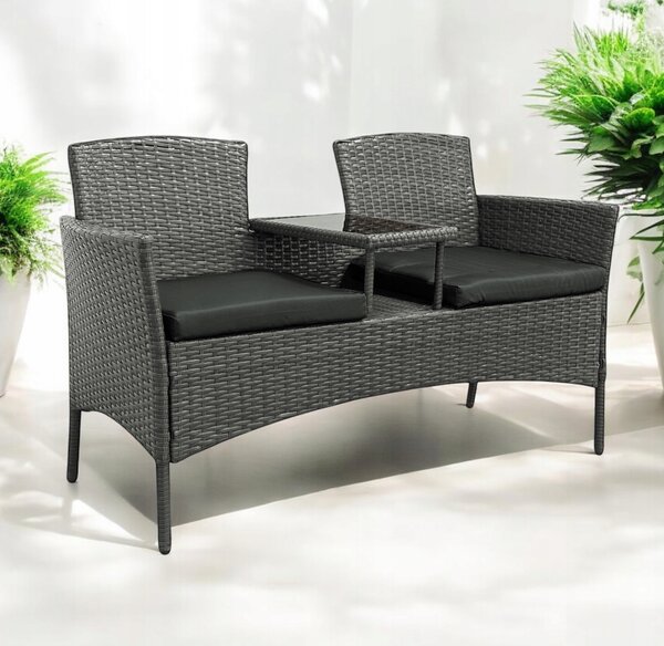 Meble ogrodowe Ratina, dwuosobowa sofa ze stolikiem, kolor szary, poduszki szare