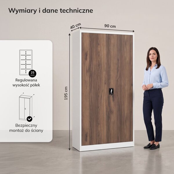 Szafa biurowa wysoka Eco Design Jan H, 90x40x195 cm, biały/orzech