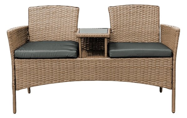 Meble ogrodowe Ratina, dwuosobowa sofa ze stolikiem, kolor naturalny, poduszki szare