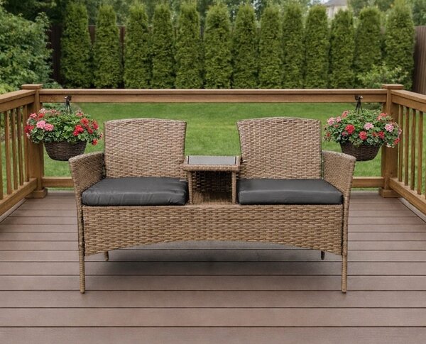 Meble ogrodowe Ratina, dwuosobowa sofa ze stolikiem, kolor naturalny, poduszki szare