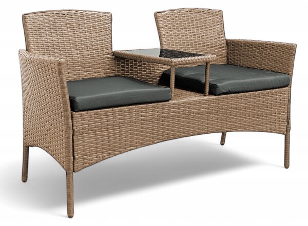 Meble ogrodowe Ratina, dwuosobowa sofa ze stolikiem, kolor naturalny, poduszki szare