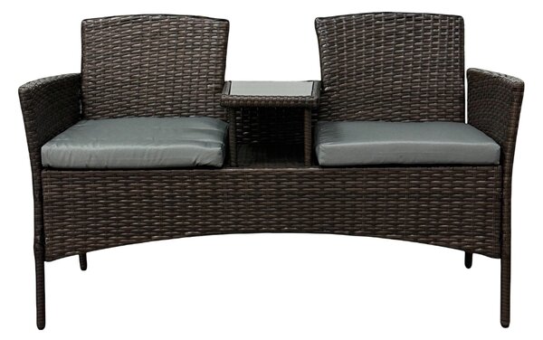 Meble ogrodowe Ratina, dwuosobowa sofa ze stolikiem, kolor brązowy, poduszki szare