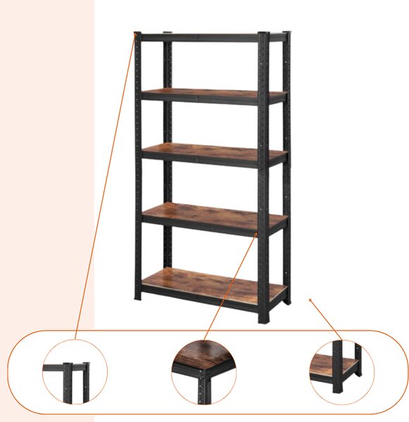 Regał DUSTY, 5 półek, max 650kg, czarna/brązowa SongmicsHome