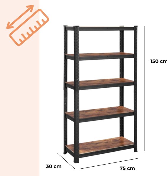 Regał DUSTY, 5 półek, max 650kg, czarna/brązowa SongmicsHome