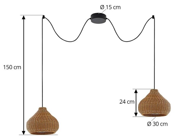Lampa wisząca zewnętrzna Lucande Taniola, 2-punktowa, beżowa, rattan, IP44 Taniola Lucande, możliwość ściemniania, jasne drewno, drewno, dworkowy / rustykalny