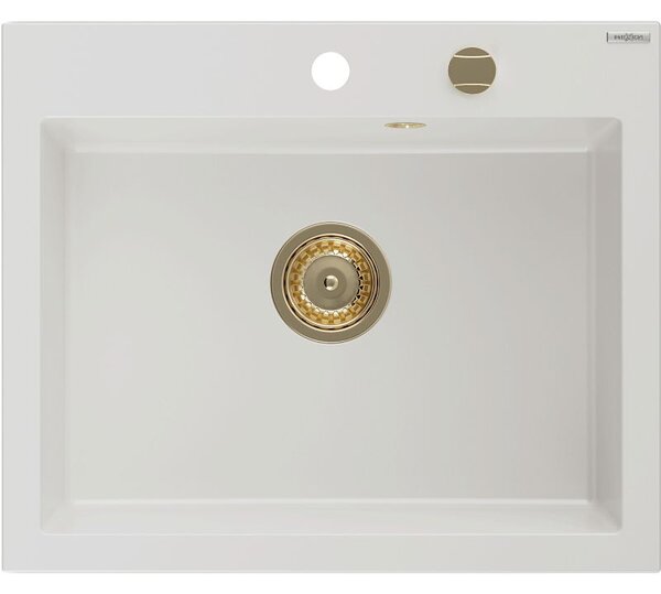 Mexen Elix zlewozmywak granitowy 1-komorowy 600 x 500 mm, biały, syfon złoty - 6525601005-20-G