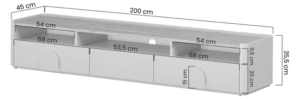 Szafka RTV Amilio 200 cm z szufladami - eukaliptus / dąb baltic dune / uchwyty dąb naturalny