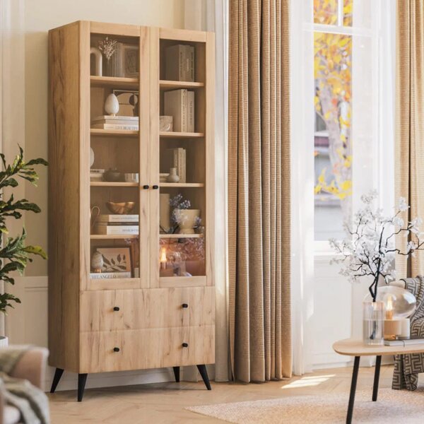 Wysoka witryna z szufladami dąb craft | Umeblowana.com