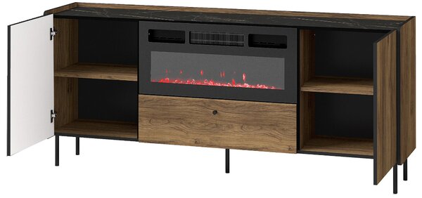 Komoda 180 cm z szufladą i kominkiem elektrycznym Prestigo P16 Czarna/Orzech/San Sebastian
