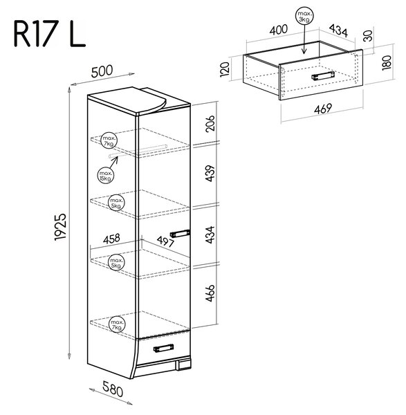 Szafa wąska jednodrzwiowa 50 cm z szufladą do salonu lewa Romero R17L 1D1S Dąb Canyon/Arusha
