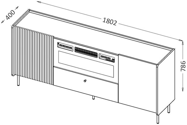 Komoda 180 cm z szufladą i kominkiem elektrycznym Prestigo P16 Czarna/Orzech/San Sebastian