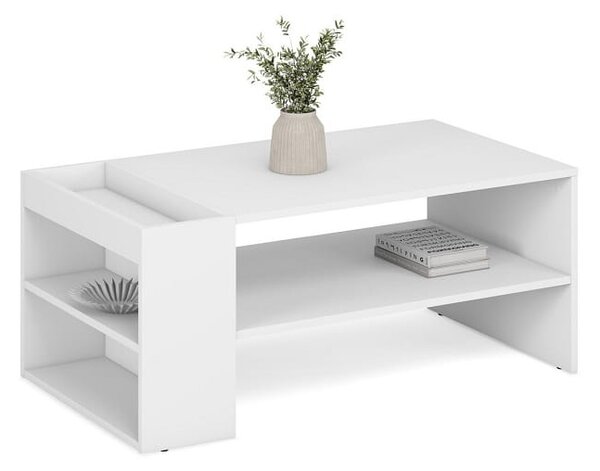 Biała ława do salonu z półkami | Umeblowana.com