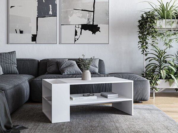 Biała ława do salonu z półkami | Umeblowana.com
