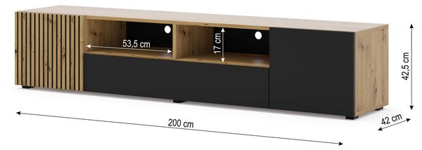 Długa lamelowa szafka pod tv dąb artisan z czarnym | Umeblowana.com