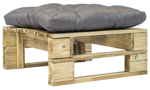 Ogrodowy stołek z palet z szarą poduszką, drewno