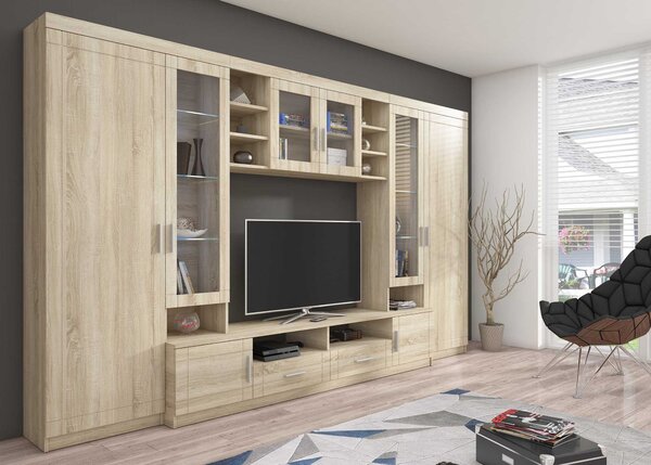 Meblościanka z witryną Paris SO01 z 2 komodami 3D 2S i 2D 2S Dąb Sonoma