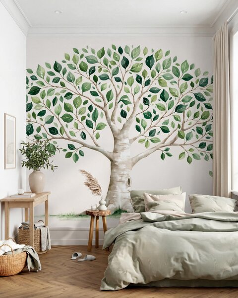 Fototapety Drzewo z zielonymi liśćmi, styl akwarelowy, minimalistyczny, Fototapety Natura, w10046 : Uwalls.pl
