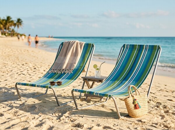 Zestaw 2 składanych leżaków plażowych SAND, niebiesko-biały