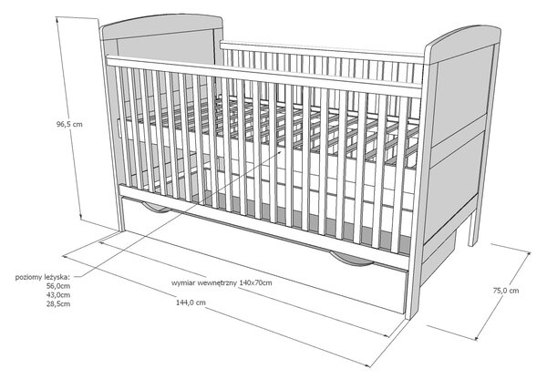 Zestaw mebli dla niemowląt BASIC BABY z łóżeczkiem NORA 140x70 – wybór uchwytów i koloru